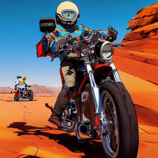 Image similar to motorcycle rally racing in the desert, stylize, art gta 5 cover, official fanart behance hd artstation by jesper ejsing, by rhads, makoto shinkai and lois van baarle, that looks like it is from borderlands and by feng zhu and loish and laurie greasley, victo ngai, andreas rocha, john harris