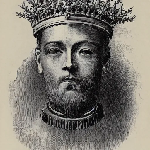 Prompt: a portrait of the head of a robot emperor with a crown of laurels ( c. 1 8 8 0 - 1 8 9 2 ) drawing in high resolution by otto eerelman