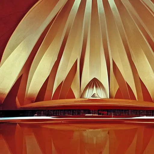 Image similar to interior of a futuristic lotus temple with gold, red and white marble panels, in the desert, by buckminster fuller and syd mead, intricate contemporary architecture, photo journalism, photography, cinematic, national geographic photoshoot