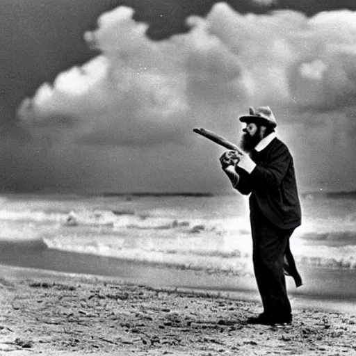 Prompt: an old photograph of Fidel Castro smoking a cigar and walking in the beach. There is a storm in the background. 1850s color photography. Award winning.