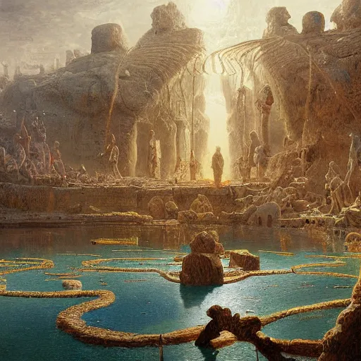 Image similar to detailed painting of a multiverse gateway in ancient mesopotamia in the middle of a sulphur lake, filigree ornaments, andreas achenbach, simon stalenhag