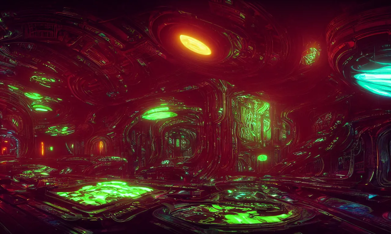 Image similar to Prometheus biological sci-fi environment set, glowing neon ship control panel, in a nightmarish universe of odd forms and somber tapestry, HR Giger and Vincent Di Fate, vivid color scheme, featured in artstation, octane render, cinematic, elegant, intricate, 8k