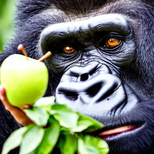 Prompt: a gorilla wearing a top hat and biting into an apple in the rainforest, dslr photo, 60mm