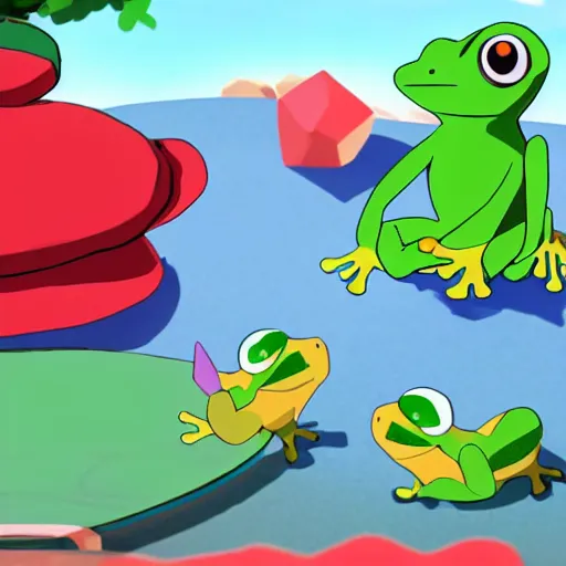 Image similar to frog made out of other frogs, wes anderson, screenshot from pokemon sword and shield