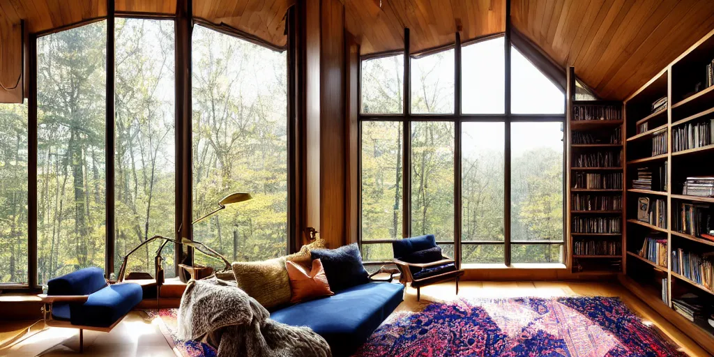 Prompt: Extremely detailed wide angle photograph, atmospheric, light bloom, sunlight shining through windows, trees outside, reflections, award winning contemporary interior design living room, forest house, cozy and calm, fabrics and textiles, colorful accents, reflective brass and copper decorations, reading nook, many light sources, lamps, oiled hardwood floors, book shelf, small library, accent geometric wood panels on walls couch, desk, balcony door, plants