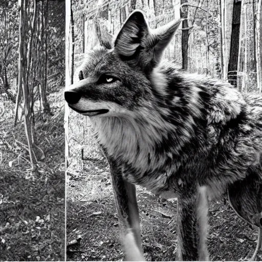 Image similar to black and white trailcam footage of native weird distorted human body Skinwalker transforming into a coyote