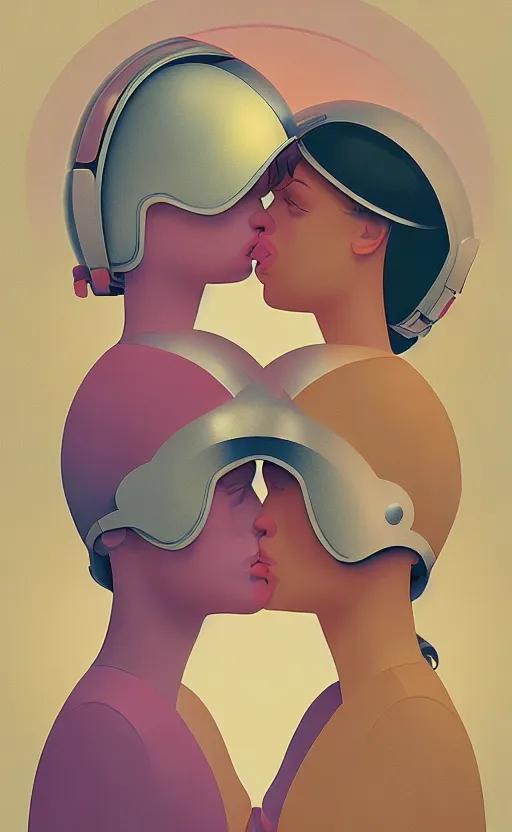 Image similar to portrait of two girl kissing each other and wearing a futuristic helmet by Petros Afshar and Beeple, James Gilleard, Mark Ryden, Wolfgang Lettl highly detailed