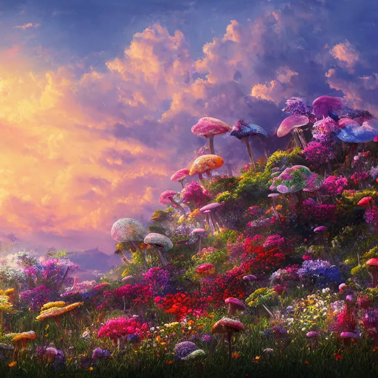 Image similar to a beautiful painting of every cloud has a silver lining, paradise, sunset, made from flowers and fungi, highly detailed, 8 k resolution, trending on artstation
