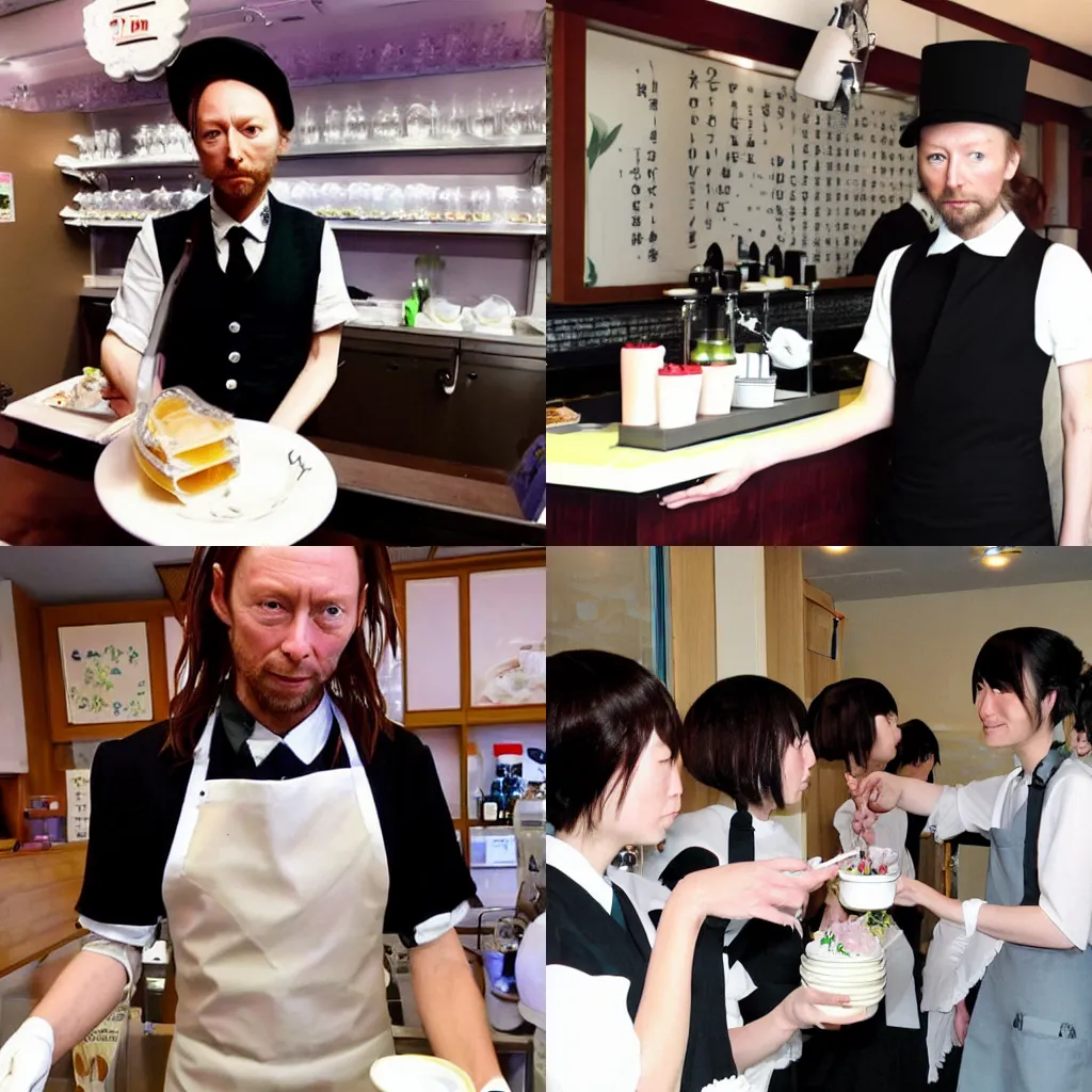 Prompt: Thom Yorke as a maid, serving drinks at a maid cafe in tokyo