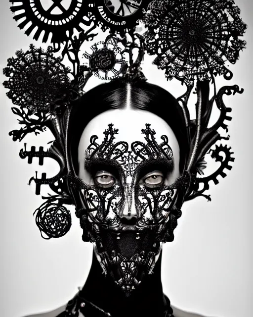 Image similar to surreal dark poetic black and white photo portrait of complex bio-mechanical beautiful young silver female vegetal-cyborg with a Mandelbrot fractal steampunk metal fine lace face, a very long neck and a fine metal floral foliage super big lace collar by Vivienne Westwood:: smoke, high fashion, haute couture, rococo, steampunk, avant-garde, silver filigree details, anatomical, facial muscles, cable wires, microchip, elegant, dreamy, foggy atmosphere, hyper realistic, 150 mm lens, soft rim light, octane render, unreal engine, picture was taken in 1910 by Man Ray, volumetric lighting, dramatic light,8k,