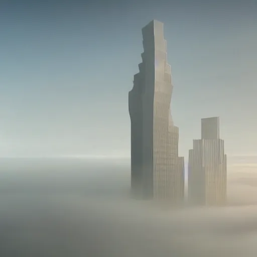 Prompt: singular!!! skyscraper rising from an opaque carpet of fog in an otherwise clear sunny day. lateral view showing the building from top to bottom. dynamic perspective, surrealism, concept art by dom qwek, trending on cg society, neofuturism, futuristic, volumetric lighting, aesthetic. digital matte painting