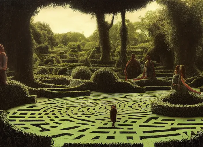 Image similar to jim henson's labyrinth. hedge maze. three stone - lined ponds lie in a large circular clearing. edgar maxence and caravaggio and michael whelan and delacroix style, artistic, intricate painting, cinematic lighting, hyper realistic, extremely detailed, vivid colors, establishing shot, dramatic lighting