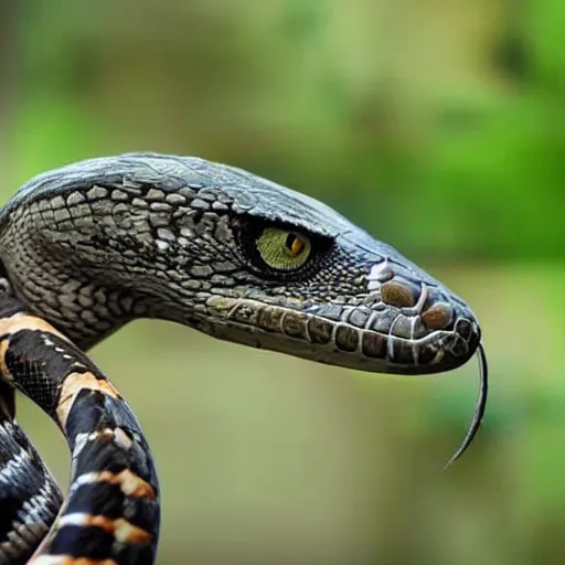 Image similar to snake and hawk morphed together, half snake half hawk, reptilian and avian features, real photo taken in zoo