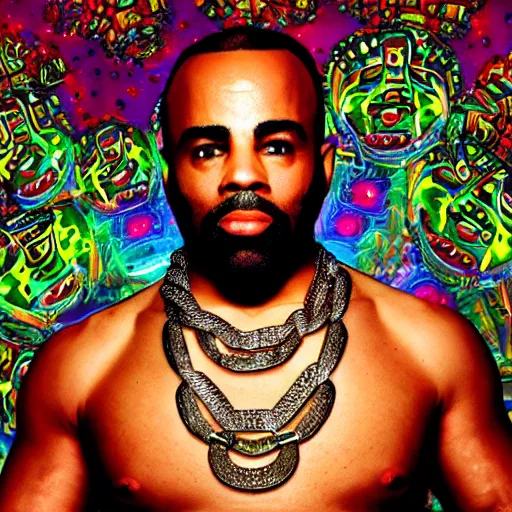 Image similar to a high resolution photograph of joe rogan as mr. t wearing many gold chains with a psychedelic dmt background