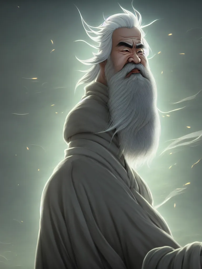 Image similar to the half body portrait of fuxi god in chinese mythology, long white hair, long white beard, atmospheric lighting, perfect shadow, portrait symmetry, wu geng period animation style, frontal lens, wearing a grey robe, in style of makoto shinkai, raphael lacoste, akihito tsukushi, peter mohrbacher, unreal engine, 4 k hd