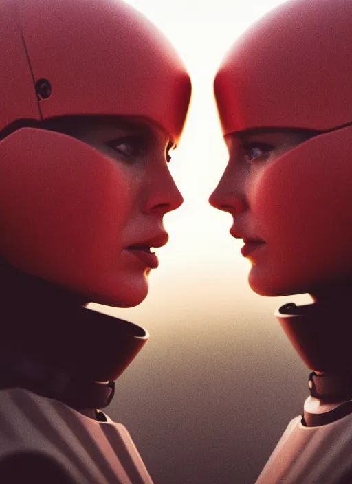 Image similar to cinestill 5 0 d photographic portrait of two loving female androids wearing rugged black techwear on a desolate plain with a red sky in front of a brutalist structure, extreme closeup, cyberpunk style, dust storm, 8 k, hd, high resolution, 3 5 mm, f / 3 2, ultra realistic faces, ex machina