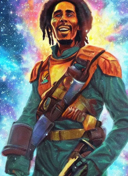 Prompt: bob marley as a space soldier, in front of exploding nebulae, digital illustration trending on artstation by artgerm and rutkowski