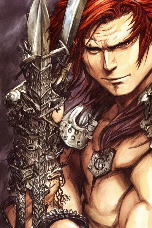 Image similar to A realistic anime portrait of a young handsome male barbarian with long wild hair, intricate fantasy spear, plated armor, vivid colors, colored, D&D, dungeons and dragons, tabletop role playing game, rpg, jrpg, digital painting, by Frank Frazetta and Kentaro Miura, concept art, highly detailed, promotional art, HD, digtial painting, trending on ArtStation, golden ratio, rule of thirds, SFW version