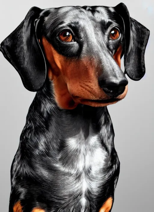 Prompt: dachshund with a raised eyebrow | sophisticated clothing | highly detailed | very intricate | elaborate outfit | symmetrical | cinematic lighting | award - winning | closeup portrait | featured on artstation