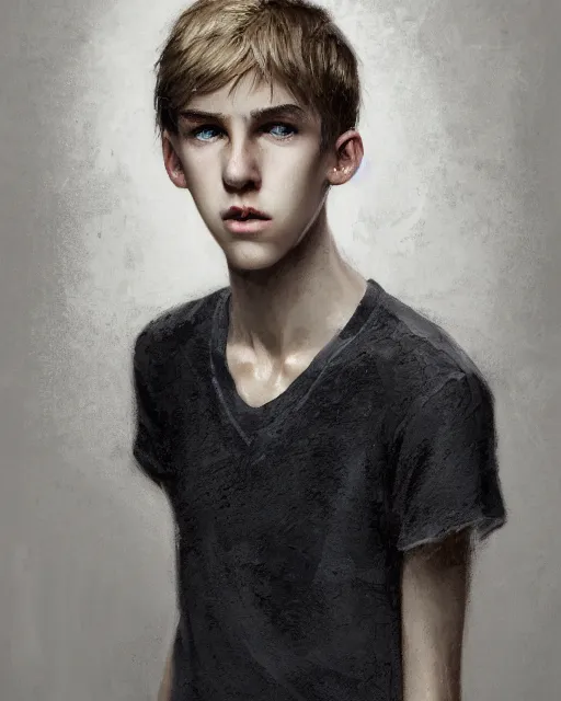 Image similar to portrait of 1 5 - year - old boy, a tall, slender boy with a pale, pointed face, white - blond hair, ice grey eyes, a pale complexion with sharp and pointed features, hyper realistic face, beautiful eyes, fantasy art, in the style of greg rutkowski, intricate, hyper detailed, smooth