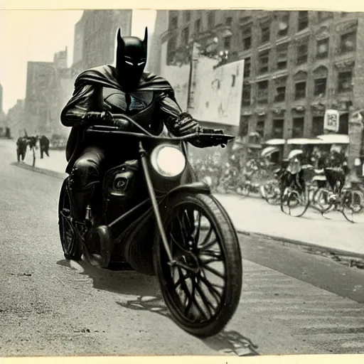 Image similar to old black and white photo, 1 9 1 3, depicting batman on a motorcycle from dark knight racing through the bustling streets of new york city, rule of thirds, three - point perspective, historical record