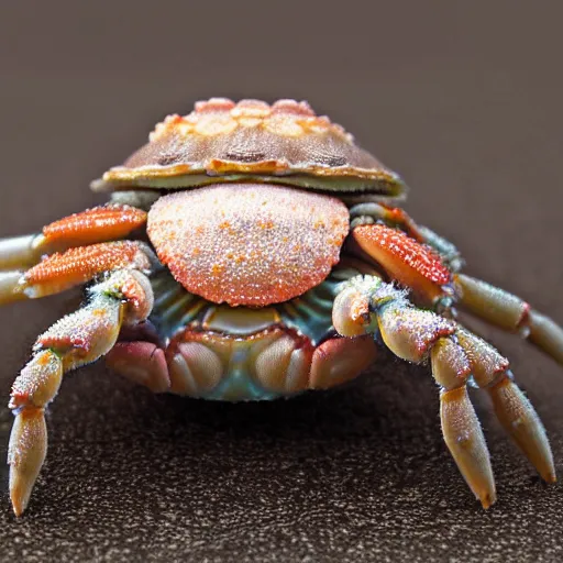 Prompt: illustration of one small small small standalone highly detailed minimalist hermitcrab! crab in an elaborate maximalist shell, with flemish baroque rococo unexpected elements. seen from the distance hd! matte paper background. soft natural pastel tones