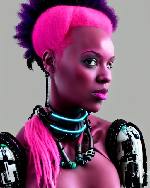 Image similar to portrait of a beautiful black woman with pink hair as a cyberpunk cyborg half robot, revealing wires and electronics, hooked - up, sci - fi, missing panels, intricate abstract upper body intricate artwork, concept art, octane render, deviantart, cinematic, key art, hyperrealism, iridescent accents, portrait photograph, nikon 3 5 mm, photograph by greg rutkowski