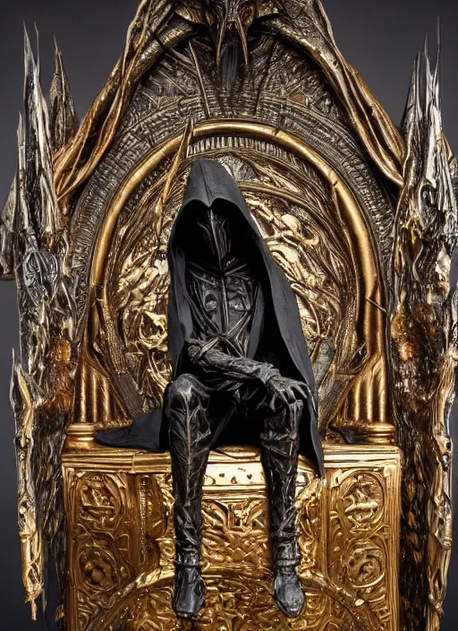 Image similar to photo taken of an epic intricate, ultra detailed, super realistic sculpture of a hooded satanic figure sitting on a nightmarish throne, sculpture on display, created by weta workshop, photorealistic, sharp focus, f 0. 4, face centred, golden ratio