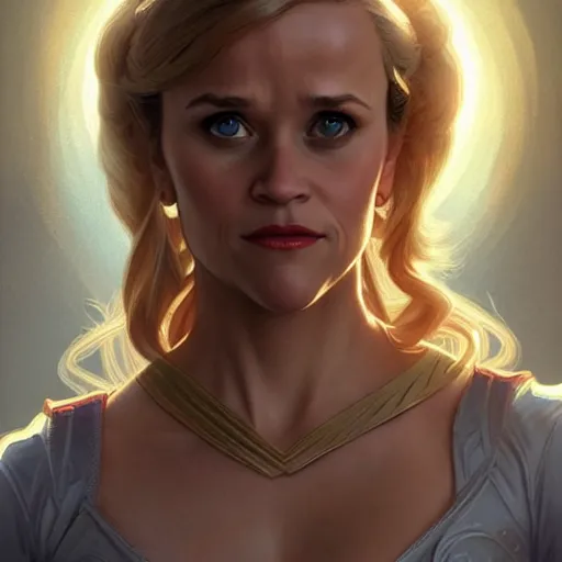 Image similar to Reese Witherspoon as Super Girl, western, D&D, fantasy, intricate, elegant, highly detailed, digital painting, artstation, concept art, matte, sharp focus, illustration, art by Artgerm and Greg Rutkowski and Alphonse Mucha