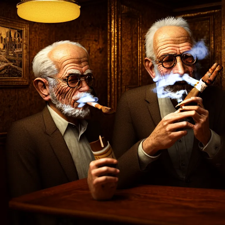 Image similar to a intricately detailed portrait of an old man, smoking a lit symmetrical cuban cigar in an pub, cinematic photography, smoke rising like clouds, beautifully symmetrical, super resolution, cgi, trending on art station, volumetric lighting & shadows, hyper detailed, 8 k, digital art, unreal engine, in the style of a escher, canon 2 0 0 mm,