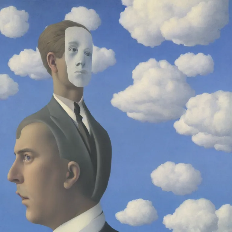 Image similar to portrait of a ghost in a suit, clouds in the background, by rene magritte, detailed painting, distance, middle centered, hd, hq, high resolution, high detail, 4 k, 8 k