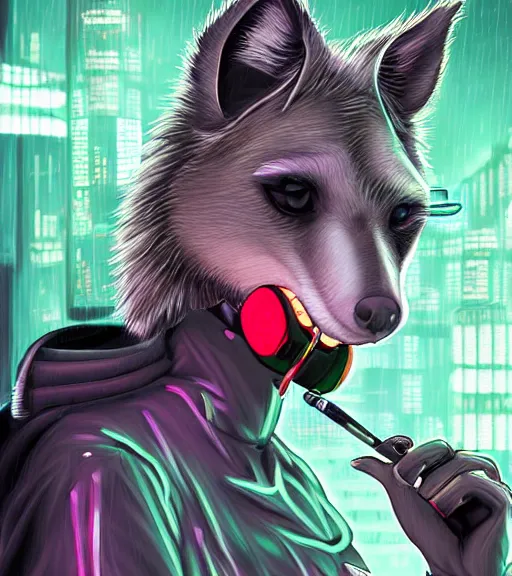 Image similar to digital painting of anthromorphic hyena female smoking cigarrete, fursona, furry fandom, furaffinity, neon rainy cyberpunk setting, anthro, wearing cyberpunk leather jacket, detailed face, blade runner, zootopia style,