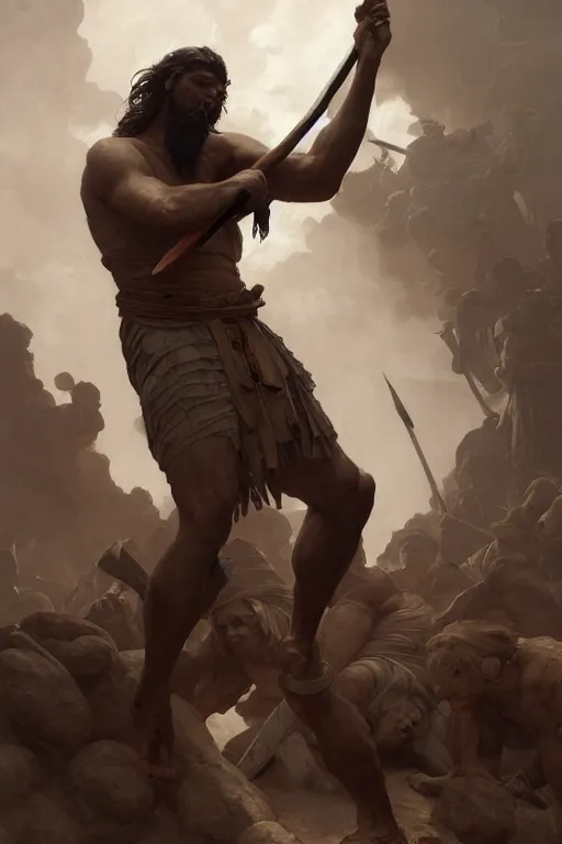 Image similar to ancient historically accurate depiction of the Bible Character Goliath of Gath, the Philistine warrior giant by frank miller, illustration by Ruan Jia and Mandy Jurgens and William-Adolphe Bouguereau, Artgerm, 4k, digital art, surreal, space dandy style, highly detailed, godsend, artstation, digital painting, concept art, smooth, sharp focus, illustration by Ruan Jia and Mandy Jurgens and William-Adolphe Bouguereau, Artgerm