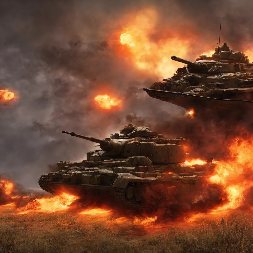Image similar to tank on the battlefield, highly realistic, high detail, fiery explosion, wispy smoke, wide shot, unreal engine