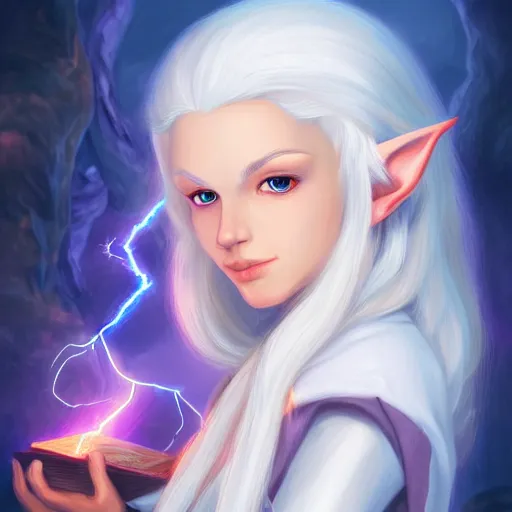 Image similar to Beautiful white haired fair skinned scholar elf with spell scroll and lightning background, realism, digital painting, detailed artwork, portrait, mythical, artstation