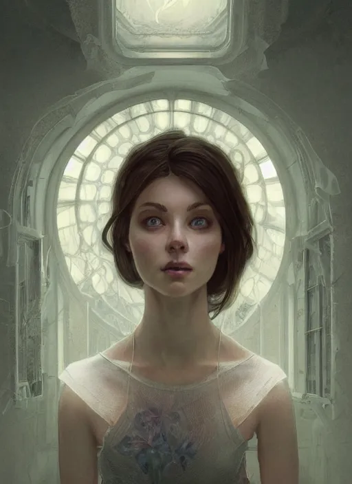 Image similar to perfectly - centered - portrait of a beautiful lady inside abandoned asylum, light comes from the window, intricate, highly detailed, digital painting, artstation, concept art, smooth, sharp focus, illustration, unreal engine 5, 8 k, art by artgerm and greg rutkowski and alphonse mucha