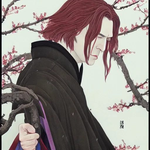 Image similar to detailed portrait of snape samurai with a wand, in snow forest sakura cherry blossom, hakama kimono, trending on artstation elite, elegant, luxury, by krenz cushart, junji ito, takato yamamoto, perfect face, fine details, realistic shaded, fine - face, pretty face