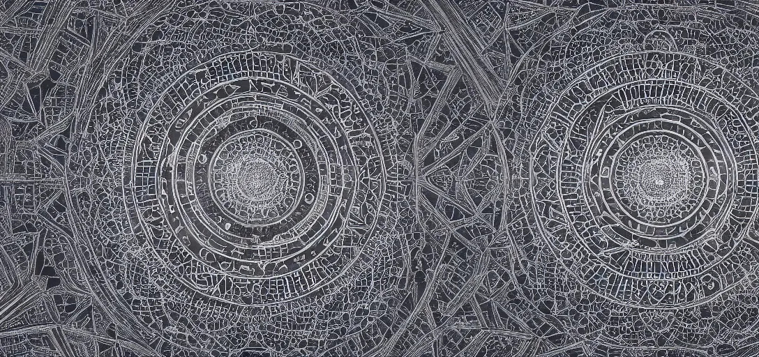 Image similar to high-angle view of a stock of giant steel mandala disk cities floating above a hardlit moonscape, embossed charcoal interior follow a mandala pattern which inversely displays a detailed city at night, wide angle photo, f8 aperture