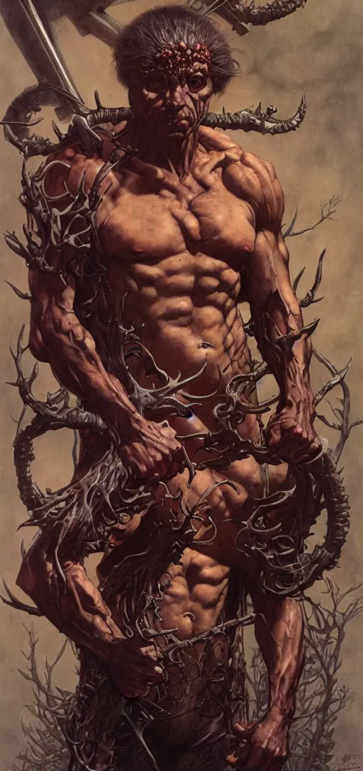 Image similar to weaponx in the style of wayne barlowe, gustav moreau, peter mohrbacher, bussiere, roberto ferri, santiago caruso, luis ricardo falero, austin osman spare