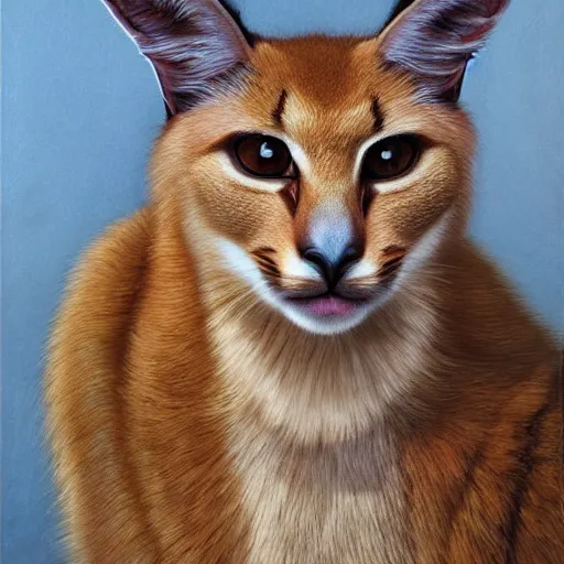 Image similar to fullbody portrait of cute fluffy caracal, wearing laurel wreath on his head, illustration, high detail, francine van hove