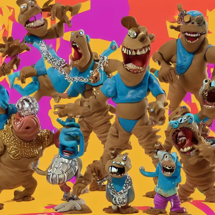 Image similar to hip hop street sharks wearing a ton of bussdown iced gold bling in wallace & gromit claymation