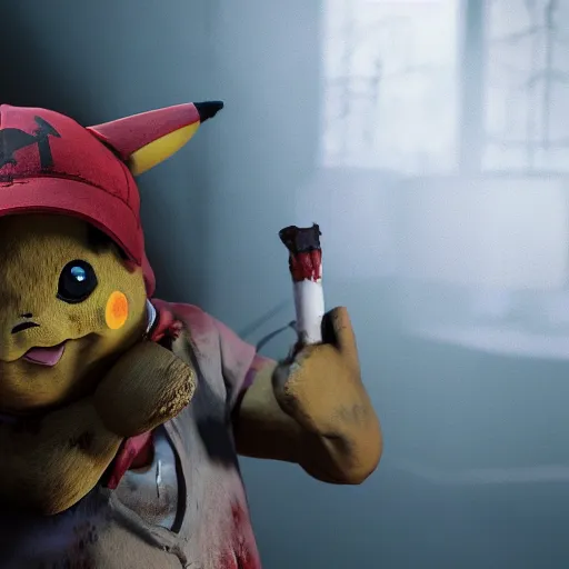 Prompt: 3 d realistic pikachu eating a survivor from the game dead by daylight, dark lighting and heavy fog, videogame screenshot of mori animation