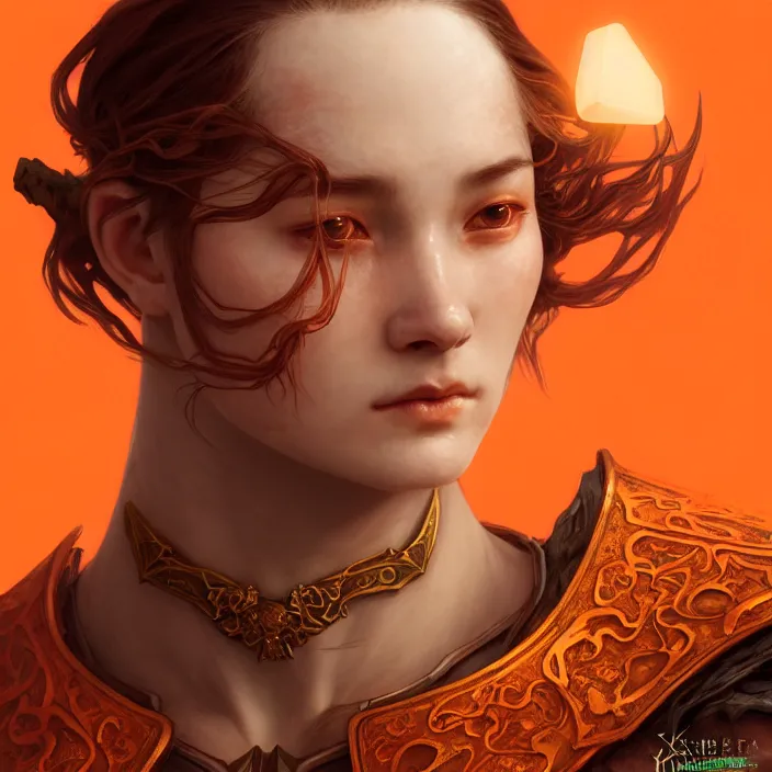 Image similar to head and shoulders portrait of a d & d ranger with her porcelain armor, chinese kangxi orange and white, volumetric lighting, fantasy, intricate, elegant, lifelike, photorealistic, artstation, concept art, sharp focus, by john collier and albert aublet and krenz cushart and artem demura and alphonse mucha