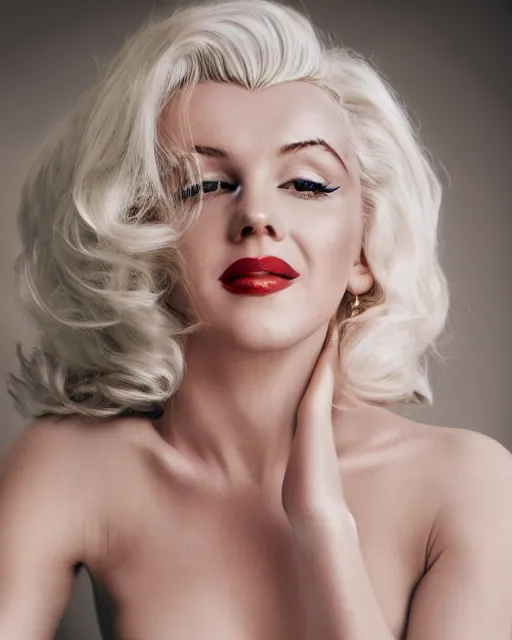 Image similar to Beautiful Head and shoulders portrait of smiling flirty seductive Marilyn monroe with platinum blonde hair, wearing a camisole by arney freytag, artstation, 35mm, fashion photoshoot, laying on a bed in a photo studio, golden hour, bokeh, rim lighting, fashion pose, octane, 4k