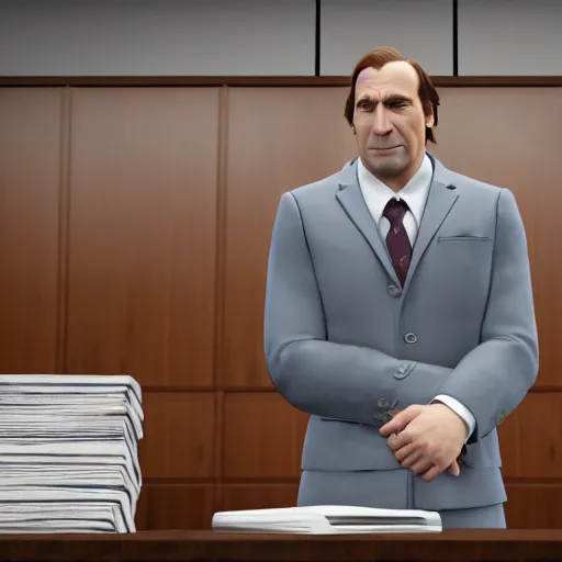 Image similar to Saul Goodman as a defense attorney, in a courtroom, shrek as the defendant | hyper realistic Unreal Engine Render, 8K