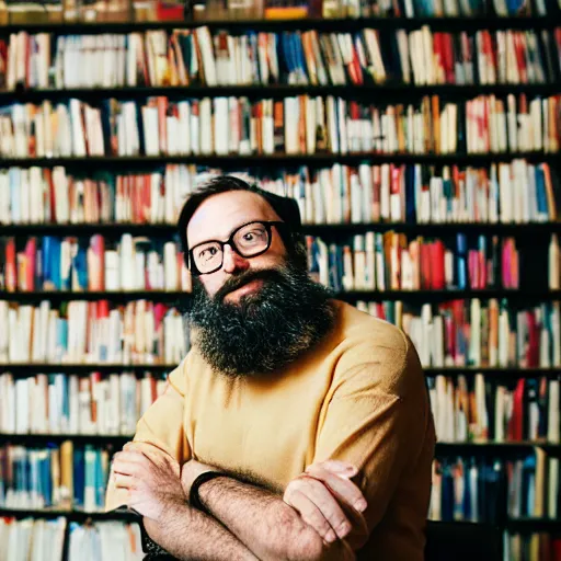 Image similar to medium shot portrait of a learned scholar, a long slightly unkept beard, a bookshelf in the background with neatly stacked books, set in the 1 9 5 0 s, bokeh, light from top right