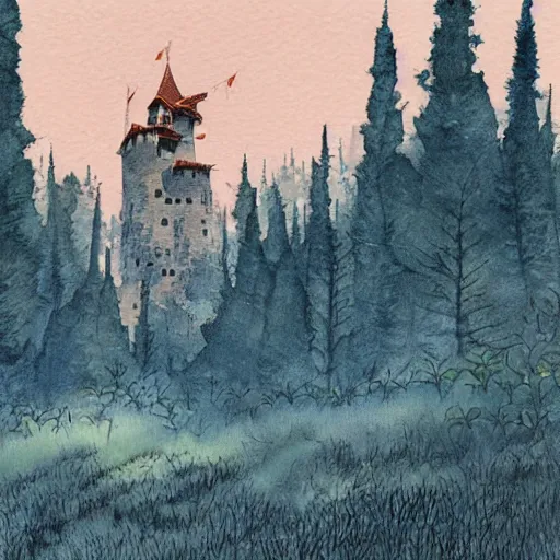 Image similar to laputa castle in the sky robot hayao miyazaki stands in a small clearing among trees, watercolor illustration for a book