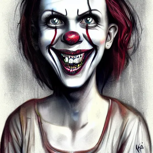 Prompt: surrealism grunge cartoon portrait sketch of millie bobby brown with a wide smile by - michael karcz, loony toons style, pennywise style, horror theme, detailed, elegant, intricate