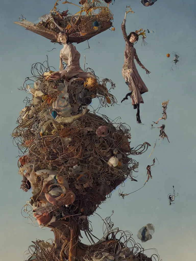 Prompt: beautiful woman hovering straight up in the air, surrealist, dada, by mattias adolfsson, by max ernst, by leonora carrington, by james jean, by esao andrews, octane renderer, 8 k
