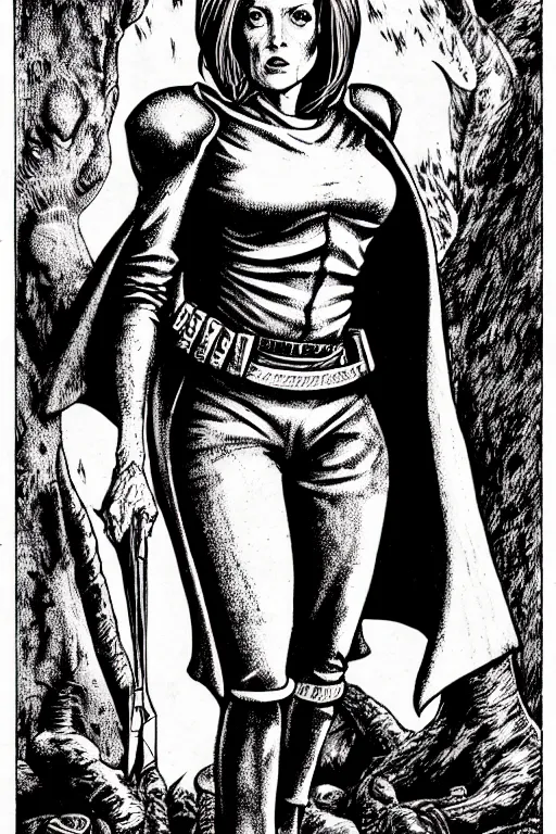 Prompt: dana scully as a d & d monster, full body, pen - and - ink illustration, etching, by russ nicholson, david a trampier, larry elmore, 1 9 8 1, hq scan, intricate details, stylized border